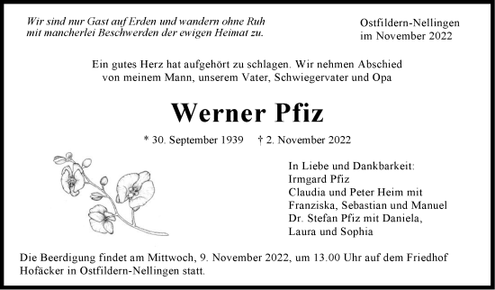 Traueranzeige von Werner Pfiz von Eßlinger Zeitung/Cannstatter Zeitung
