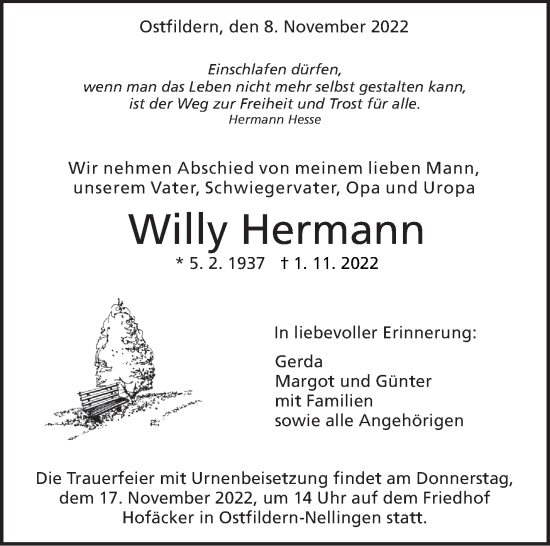 Traueranzeige von Willy Hermann von Eßlinger Zeitung/Cannstatter Zeitung