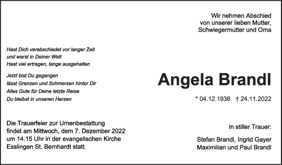 Traueranzeige von Angela Brandl von Eßlinger Zeitung/Cannstatter Zeitung