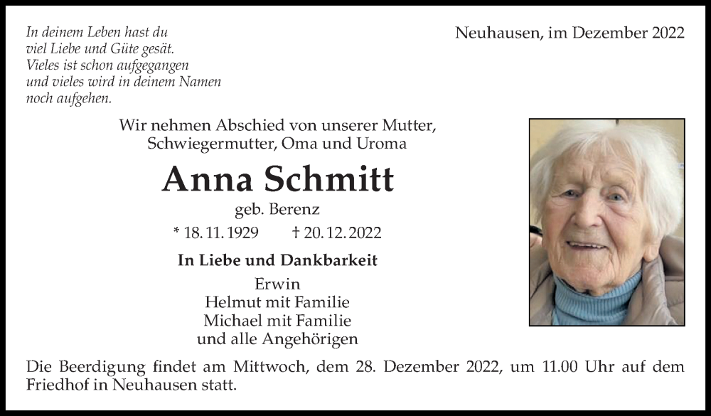  Traueranzeige für Anna Schmitt vom 24.12.2022 aus Eßlinger Zeitung/Cannstatter Zeitung