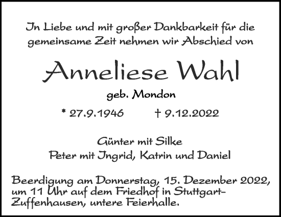 Traueranzeige von Anneliese Wahl von Eßlinger Zeitung/Cannstatter Zeitung