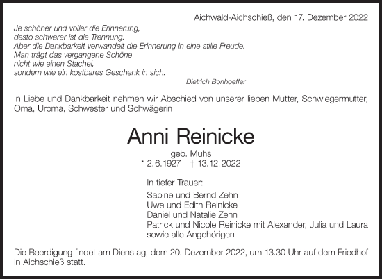 Traueranzeige von Anni Reinicke von Eßlinger Zeitung/Cannstatter Zeitung