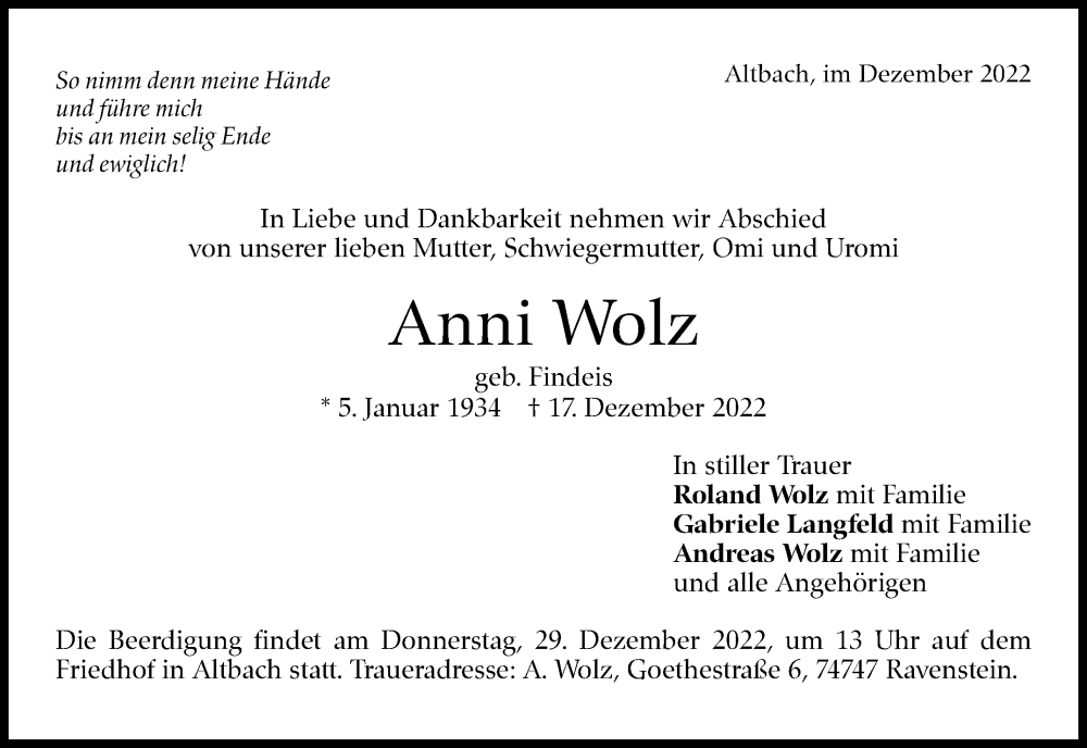  Traueranzeige für Anni Wolz vom 24.12.2022 aus Eßlinger Zeitung/Cannstatter Zeitung