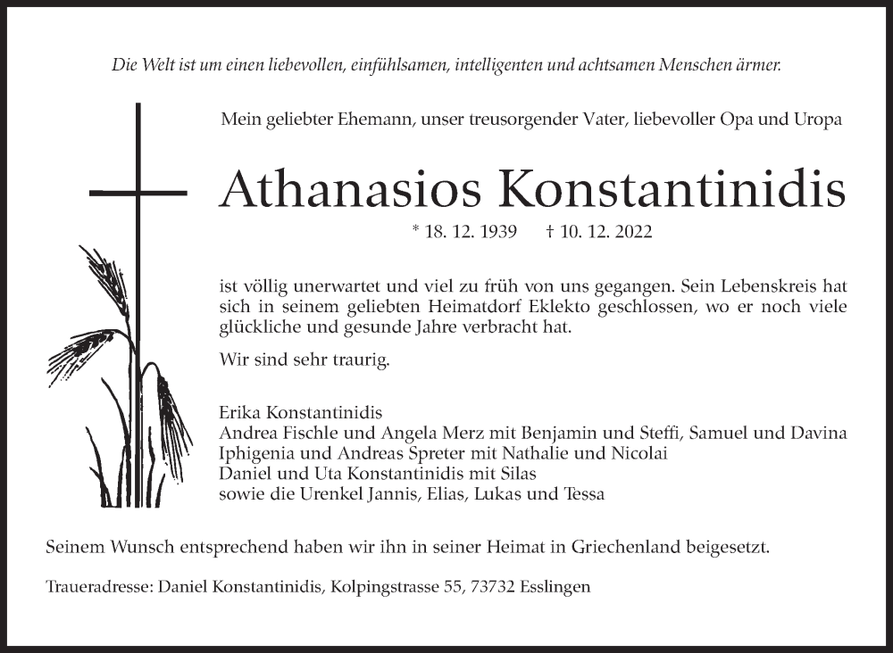  Traueranzeige für Athanasios Konstantinidis vom 17.12.2022 aus Eßlinger Zeitung/Cannstatter Zeitung