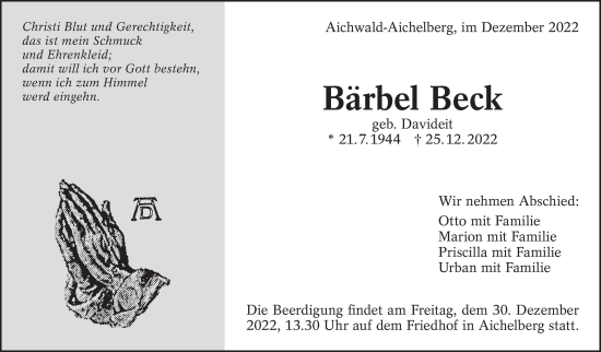 Traueranzeige von Bärbel Beck von Eßlinger Zeitung/Cannstatter Zeitung