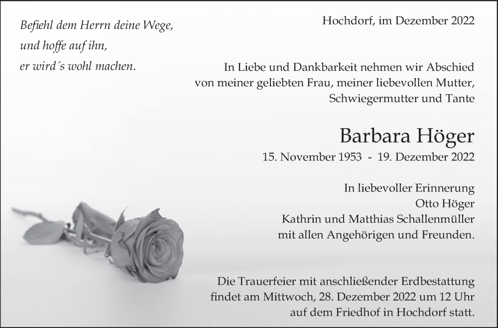 Traueranzeige für Barbara Höger vom 27.12.2022 aus Eßlinger Zeitung/Cannstatter Zeitung