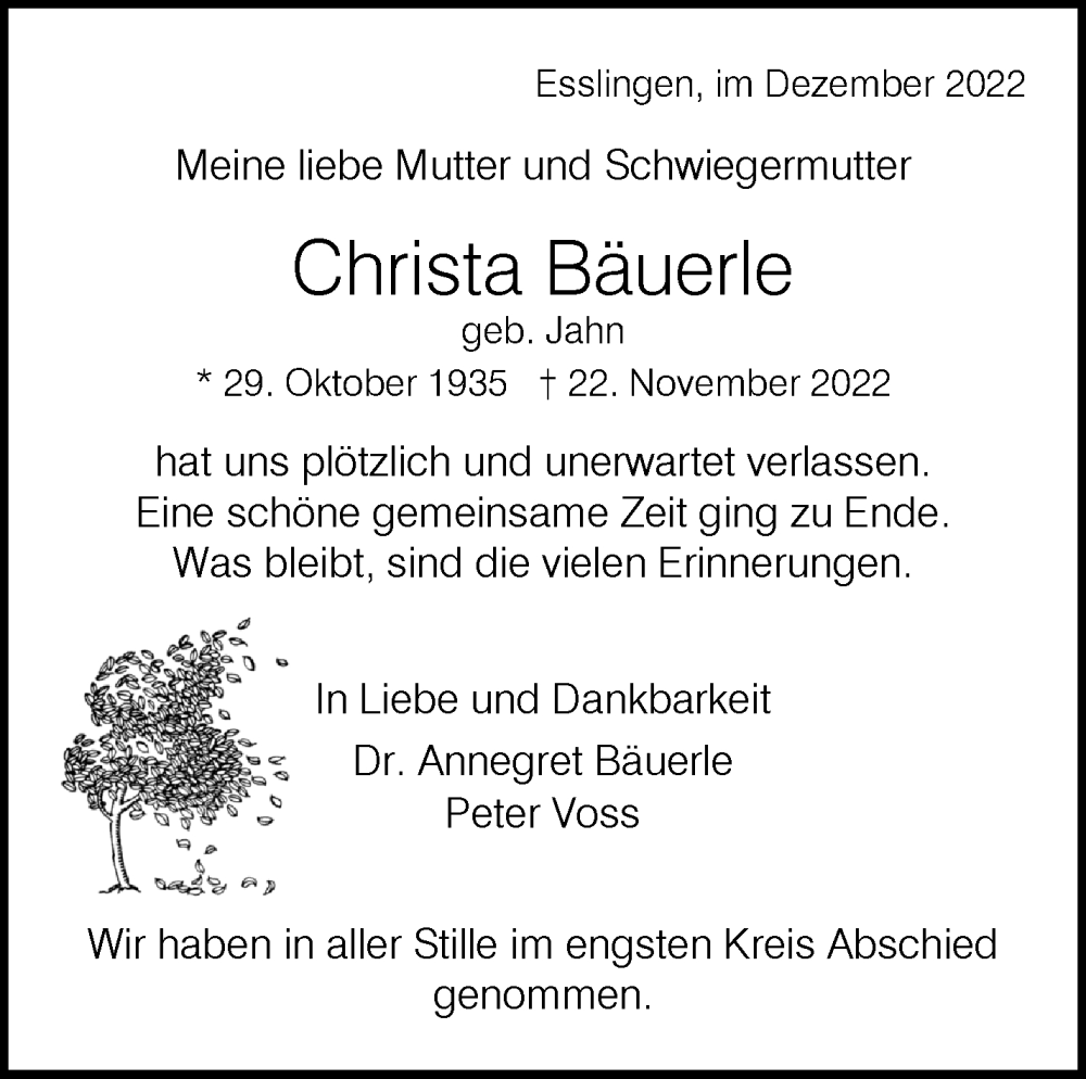  Traueranzeige für Christa Bäuerle vom 02.12.2022 aus Eßlinger Zeitung/Cannstatter Zeitung