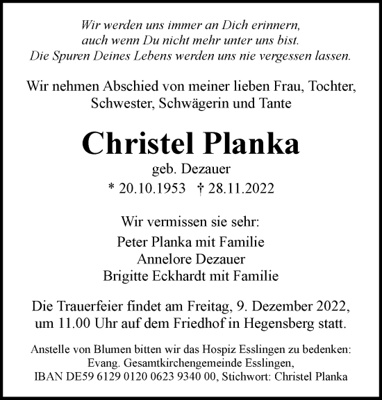 Traueranzeige von Christel Planka von Eßlinger Zeitung/Cannstatter Zeitung