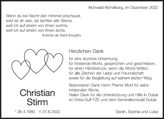 Traueranzeige von Christian Stirm von Eßlinger Zeitung/Cannstatter Zeitung