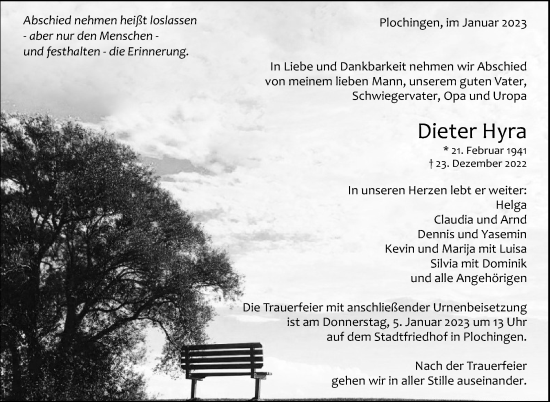 Traueranzeige von Dieter Hyra von Eßlinger Zeitung/Cannstatter Zeitung