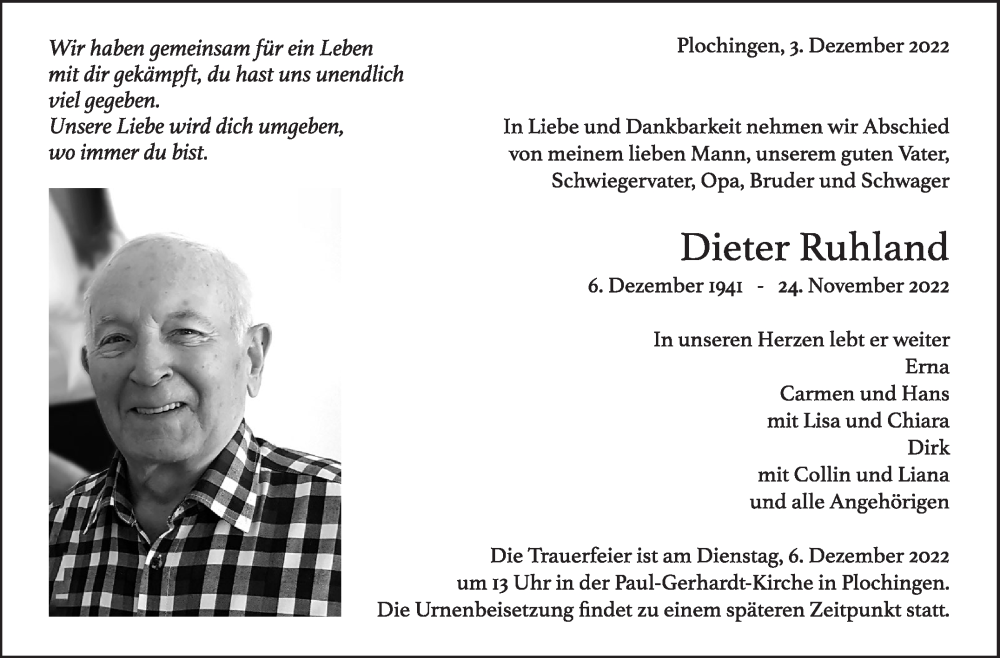 Traueranzeige für Dieter Ruhland vom 03.12.2022 aus Eßlinger Zeitung/Cannstatter Zeitung