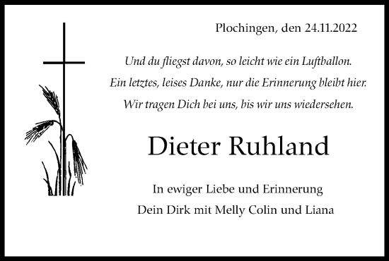 Traueranzeige von Dieter Ruhland von Eßlinger Zeitung/Cannstatter Zeitung