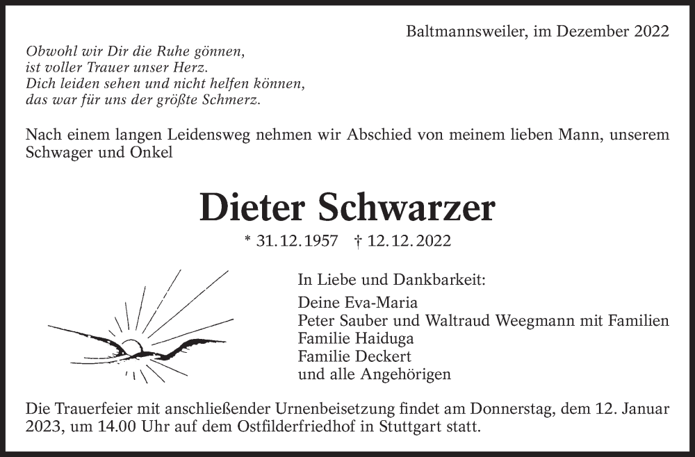  Traueranzeige für Dieter Schwarzer vom 24.12.2022 aus Eßlinger Zeitung/Cannstatter Zeitung