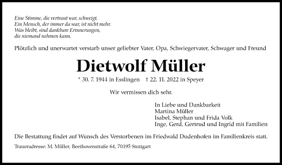 Traueranzeige von Dietwolf Müller von Eßlinger Zeitung/Cannstatter Zeitung