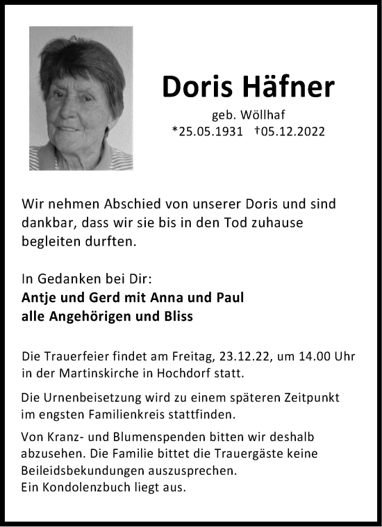 Traueranzeige von Doris Häfner von Eßlinger Zeitung/Cannstatter Zeitung