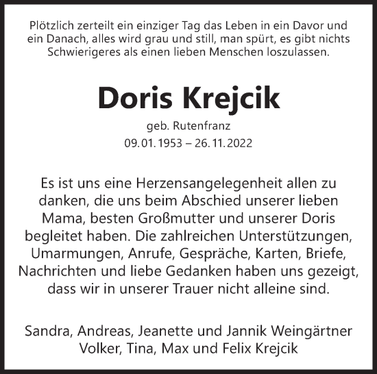 Traueranzeige von Doris Krejcik von Eßlinger Zeitung/Cannstatter Zeitung