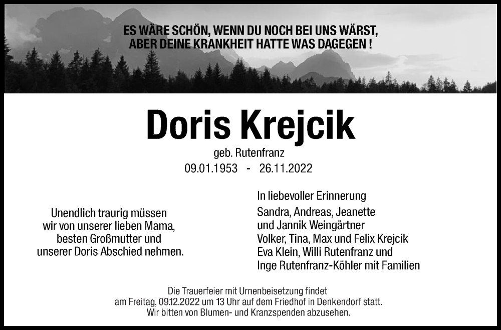  Traueranzeige für Doris Krejcik vom 03.12.2022 aus Eßlinger Zeitung/Cannstatter Zeitung