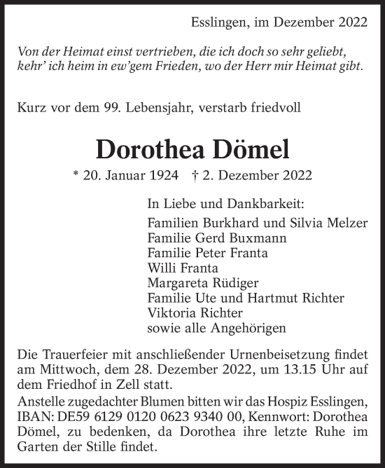 Traueranzeige von Dorothea Dömel von Eßlinger Zeitung/Cannstatter Zeitung