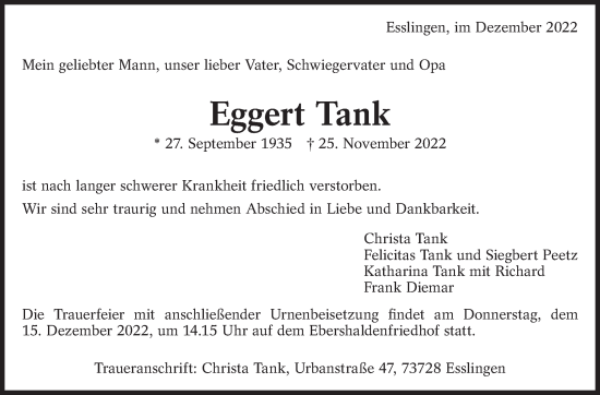 Traueranzeige von Eggert Tank von Eßlinger Zeitung/Cannstatter Zeitung