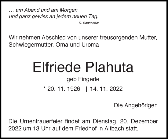 Traueranzeige von Elfriede Plahuta von Eßlinger Zeitung/Cannstatter Zeitung