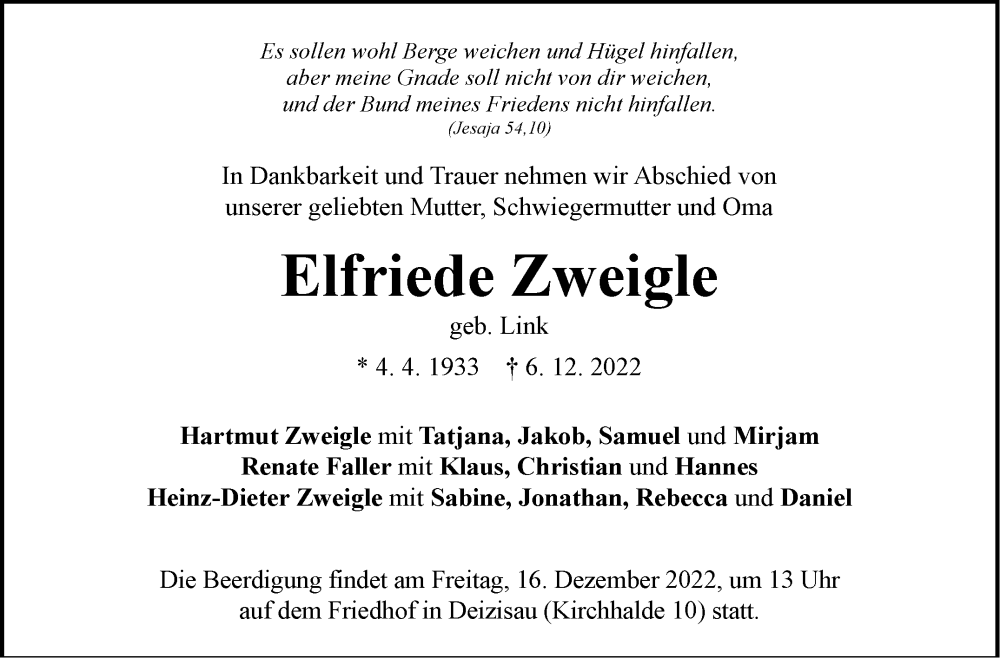  Traueranzeige für Elfriede Zweigle vom 12.12.2022 aus Eßlinger Zeitung/Cannstatter Zeitung
