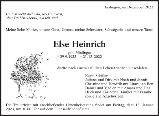 Traueranzeige von Else Heinrich von Eßlinger Zeitung/Cannstatter Zeitung