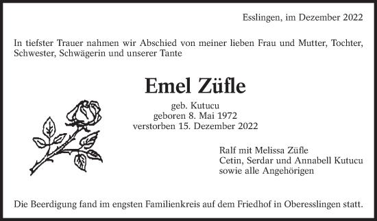 Traueranzeige von Emel Züfle von Eßlinger Zeitung/Cannstatter Zeitung