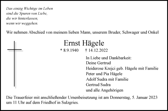 Traueranzeige von Ernst Hägele von Eßlinger Zeitung/Cannstatter Zeitung