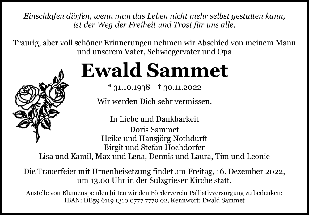  Traueranzeige für Ewald Sammet vom 10.12.2022 aus Eßlinger Zeitung/Cannstatter Zeitung