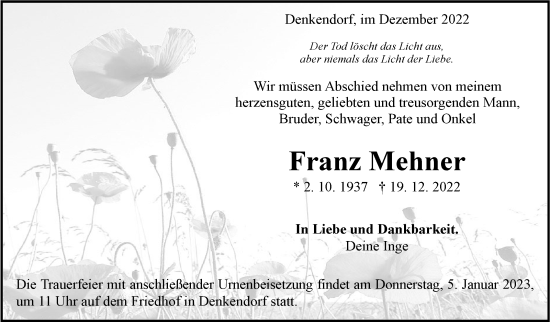 Traueranzeige von Franz Mehner von Eßlinger Zeitung/Cannstatter Zeitung