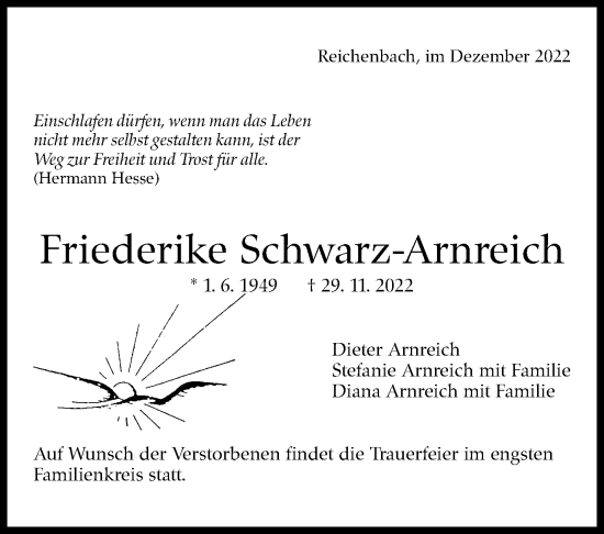 Traueranzeige von Friederike Schwarz-Arnreich von Eßlinger Zeitung/Cannstatter Zeitung