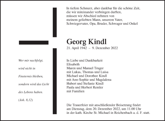 Traueranzeige von Georg Kindl von Eßlinger Zeitung/Cannstatter Zeitung