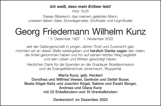 Traueranzeige von Georg Friedemann Wilhelm Kunz von Eßlinger Zeitung/Cannstatter Zeitung