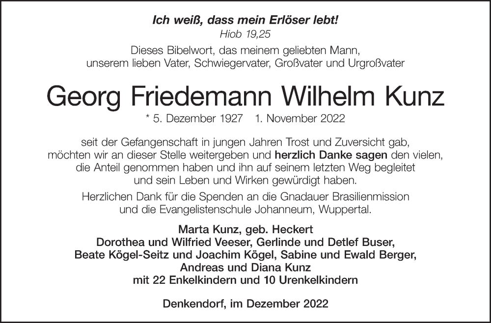  Traueranzeige für Georg Friedemann Wilhelm Kunz vom 17.12.2022 aus Eßlinger Zeitung/Cannstatter Zeitung
