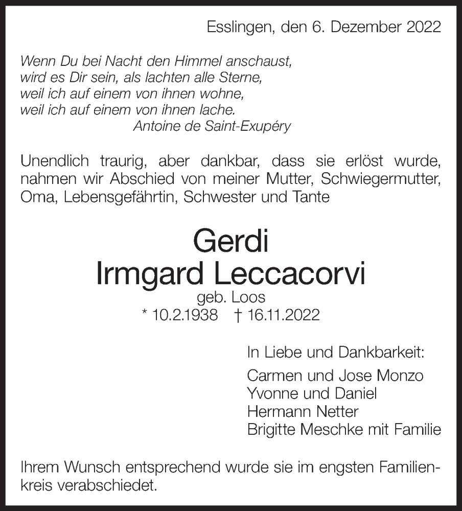  Traueranzeige für Gerdi Irmgard Leccacorvi vom 06.12.2022 aus Eßlinger Zeitung/Cannstatter Zeitung