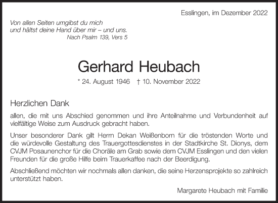 Traueranzeige von Gerhard Heubach von Eßlinger Zeitung/Cannstatter Zeitung