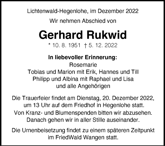 Traueranzeige von Gerhard Rukwid von Eßlinger Zeitung/Cannstatter Zeitung