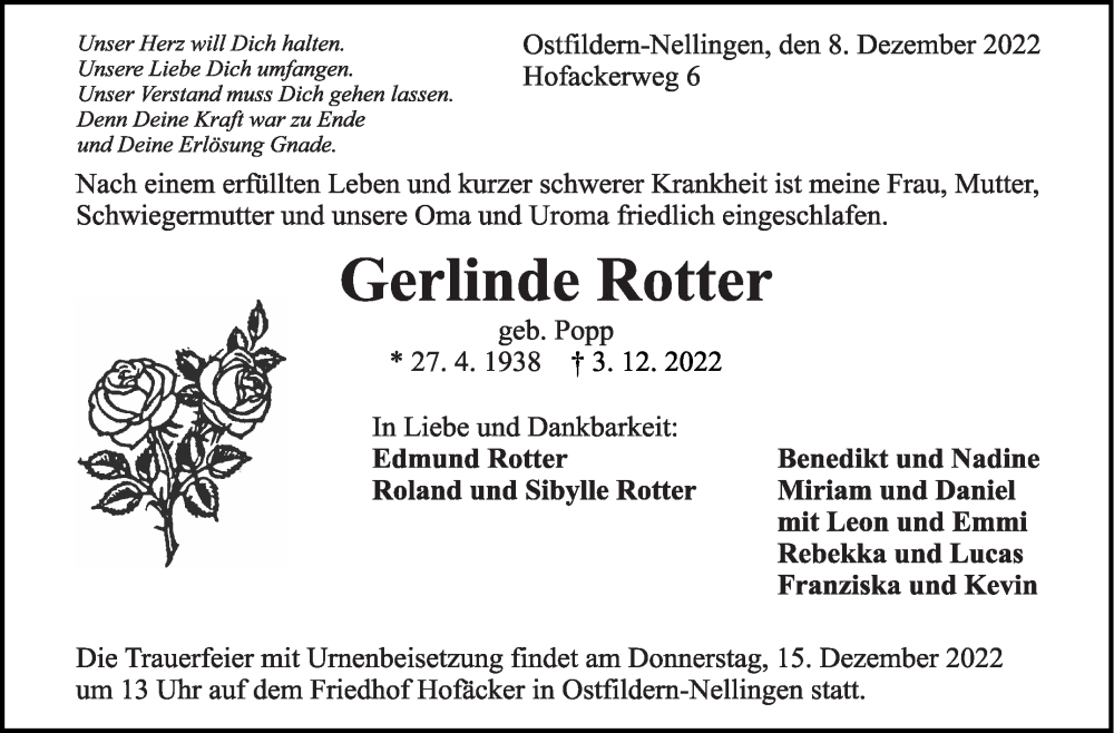  Traueranzeige für Gerlinde Rotter vom 08.12.2022 aus Eßlinger Zeitung/Cannstatter Zeitung