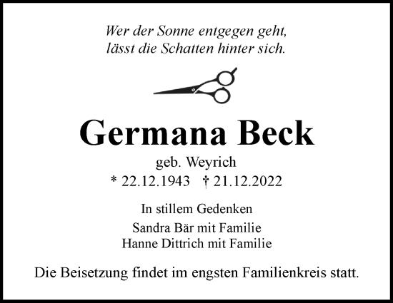 Traueranzeige von Germana Beck von Eßlinger Zeitung/Cannstatter Zeitung