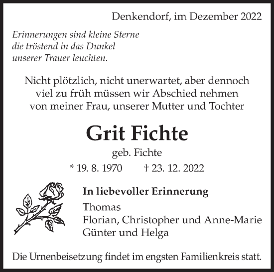 Traueranzeige von Grit Fichte von Eßlinger Zeitung/Cannstatter Zeitung