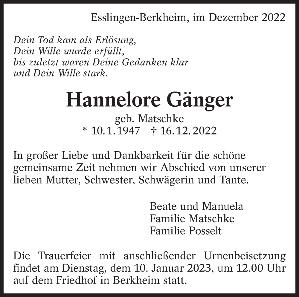 Traueranzeige für Hannelore Gänger vom 23.12.2022 aus Eßlinger Zeitung/Cannstatter Zeitung
