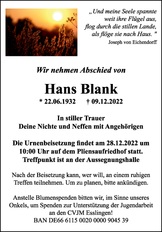 Traueranzeige von Hans Blank von Eßlinger Zeitung/Cannstatter Zeitung