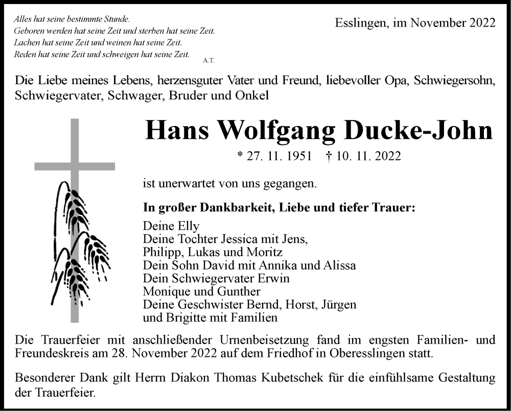  Traueranzeige für Hans Wolfgang Ducke-John vom 03.12.2022 aus Eßlinger Zeitung/Cannstatter Zeitung