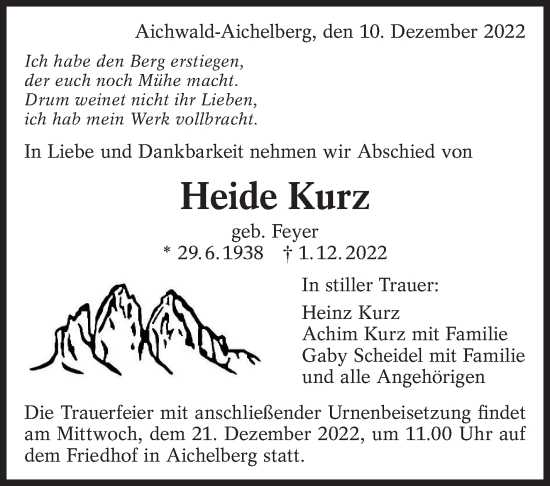 Traueranzeige von Heide Kurz von Eßlinger Zeitung/Cannstatter Zeitung