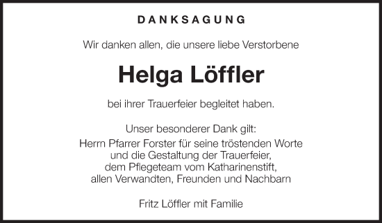Traueranzeige von Helga Löffler von Eßlinger Zeitung/Cannstatter Zeitung