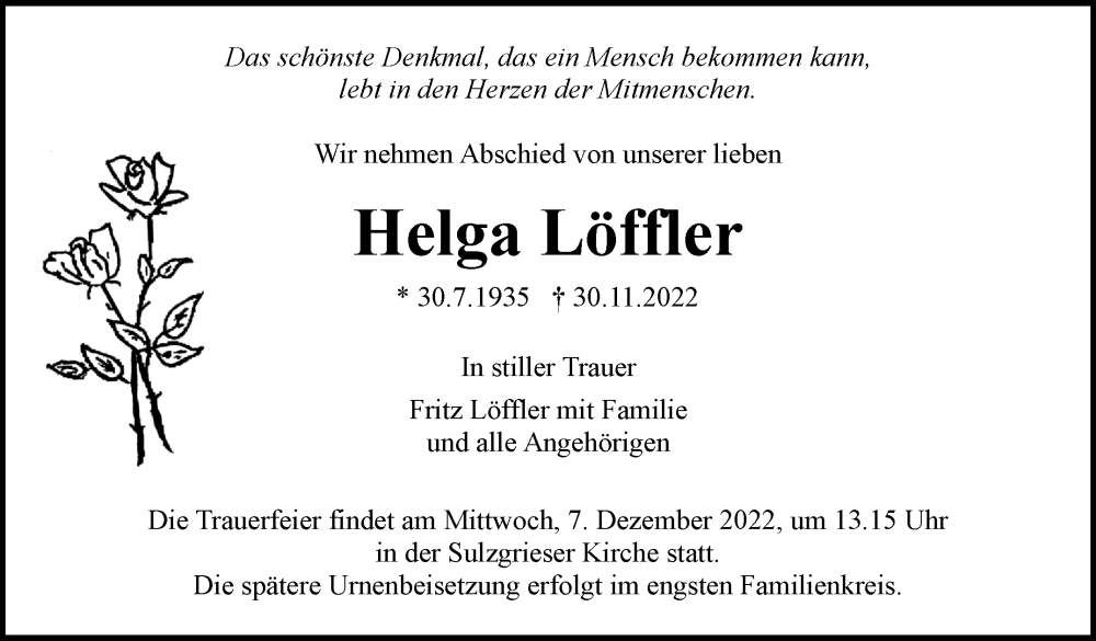  Traueranzeige für Helga Löffler vom 05.12.2022 aus Eßlinger Zeitung/Cannstatter Zeitung