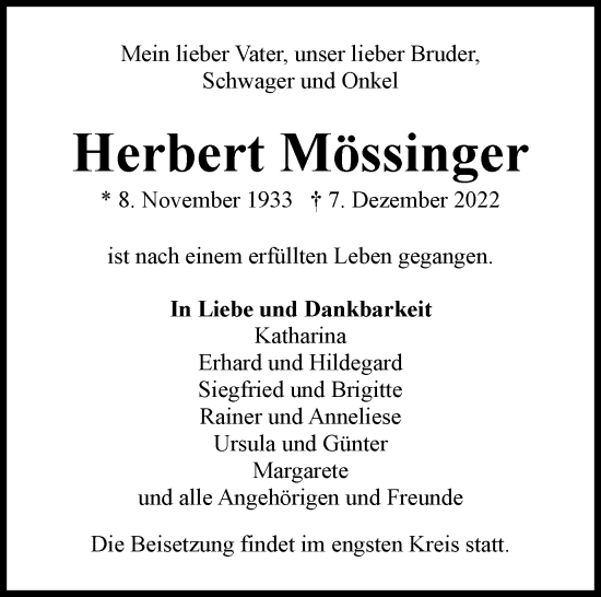 Traueranzeige von Herbert Mössinger von Eßlinger Zeitung/Cannstatter Zeitung