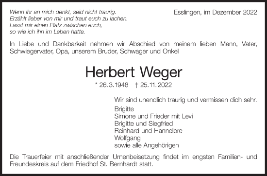 Traueranzeige von Herbert Weger von Eßlinger Zeitung/Cannstatter Zeitung