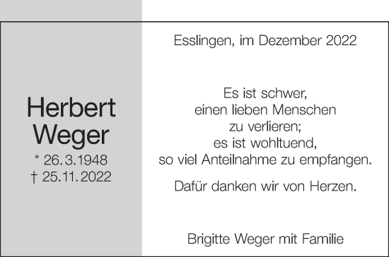 Traueranzeige von Herbert Weger von Eßlinger Zeitung/Cannstatter Zeitung