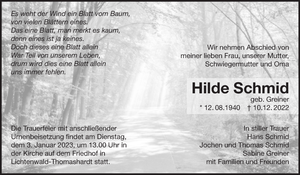  Traueranzeige für Hilde Schmid vom 28.12.2022 aus Eßlinger Zeitung/Cannstatter Zeitung